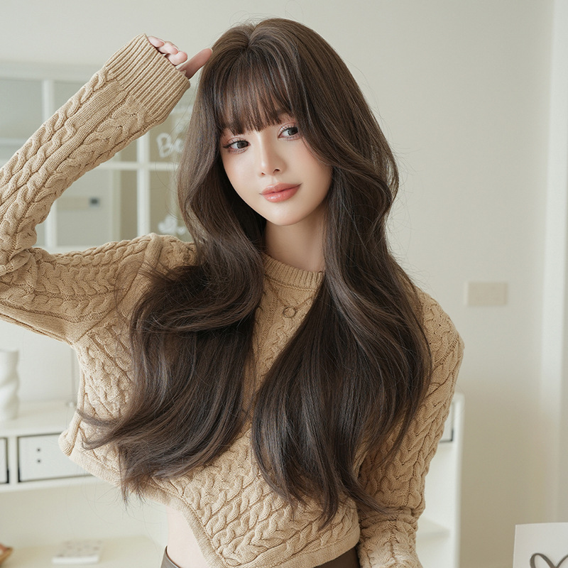 茶髪　フルウィッグ　長さ75cm　ロング　カール　ぱっつん　人工頭皮　ヘアネット付き　通気性が抜群　女装体験用カツラ　お勧め-3