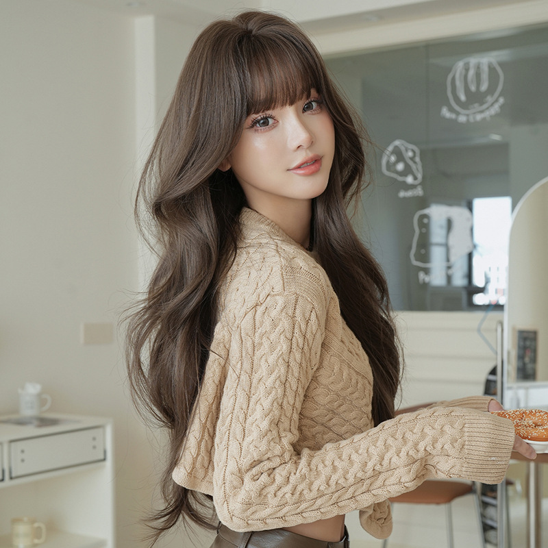 茶髪　フルウィッグ　長さ75cm　ロング　カール　ぱっつん　人工頭皮　ヘアネット付き　通気性が抜群　女装体験用カツラ　お勧め-4