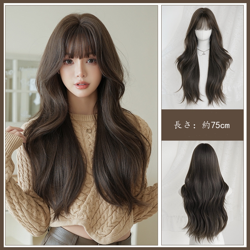 茶髪　フルウィッグ　長さ75cm　ロング　カール　ぱっつん　人工頭皮　ヘアネット付き　通気性が抜群　女装体験用カツラ　お勧め-6