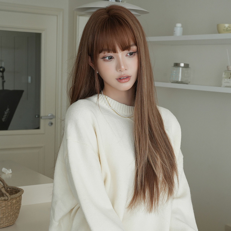 ブラウン＆金色　フルウィッグ　長さ72cm　ストレートヘア　ぱっつん　人工頭皮　自然　ヘアネット付き　通気性が抜群　普段使い　女装体験用カツラ　お勧め-3