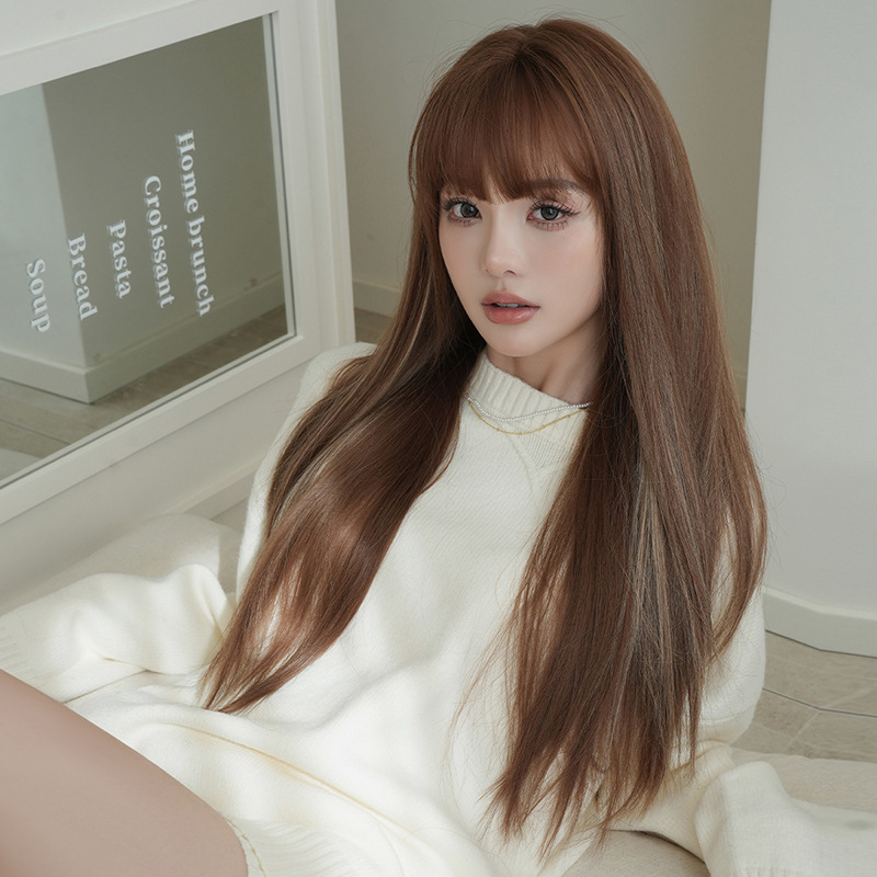 ブラウン＆金色　フルウィッグ　長さ72cm　ストレートヘア　ぱっつん　人工頭皮　自然　ヘアネット付き　通気性が抜群　普段使い　女装体験用カツラ　お勧め-4