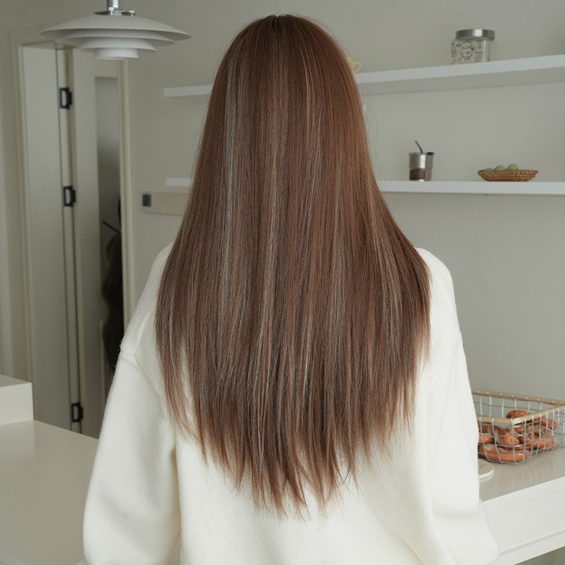 ブラウン＆金色　フルウィッグ　長さ72cm　ストレートヘア　ぱっつん　人工頭皮　自然　ヘアネット付き　通気性が抜群　普段使い　女装体験用カツラ　お勧め-5