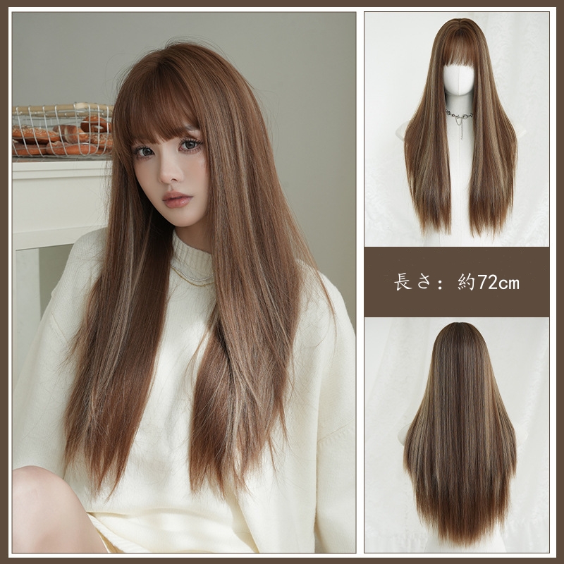 ブラウン＆金色　フルウィッグ　長さ72cm　ストレートヘア　ぱっつん　人工頭皮　自然　ヘアネット付き　通気性が抜群　普段使い　女装体験用カツラ　お勧め-6