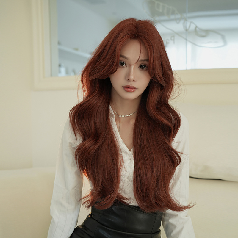 オレンジ　フルウィッグ　長さ72cm　カーリーヘアー　真ん中分け　小顔　wig　人工頭皮　自然　ヘアネット付き　通気性が抜群　普段使い　女装体験用カツラ　お勧め-1
