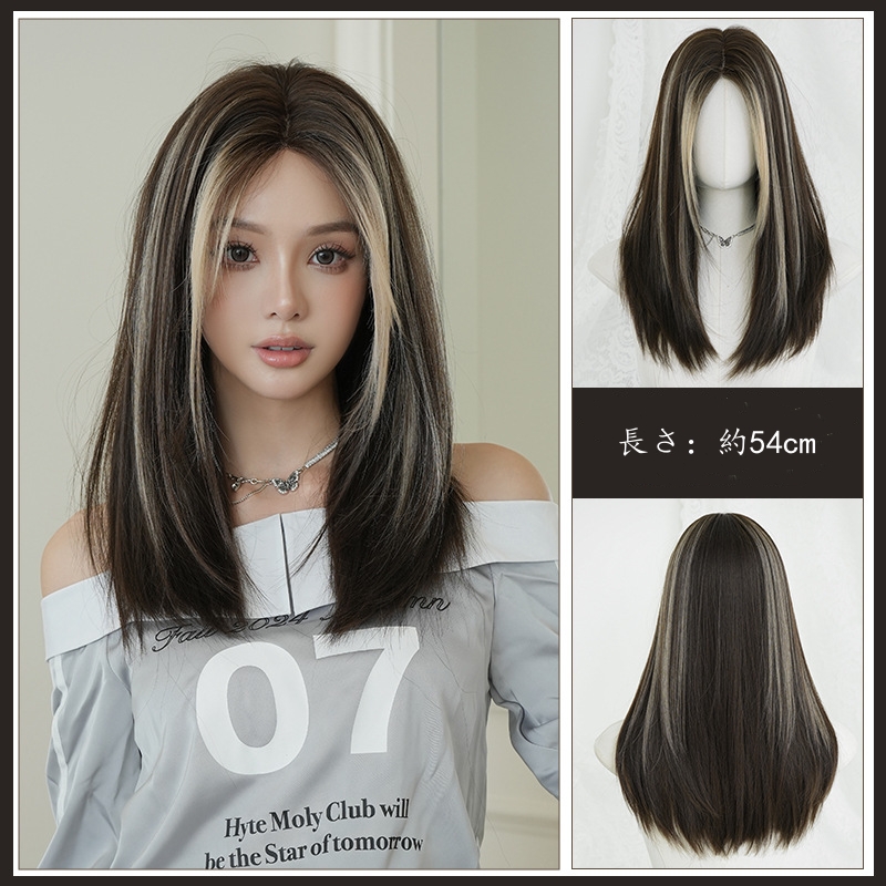おしゃれ　ライトブラウン＆ブラック　フルウィッグ　長さ54cm　真ん中分け　ストレートヘア　人工頭皮　自然　ヘアネット付き　レディース　かつら　通気性が抜群　普段使い　女装体験用カツラ　お勧め-6