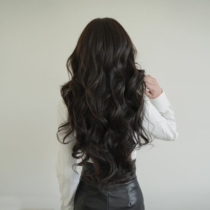 ブラック　フルウィッグ　長さ75cm　wig　小顔　ふわふわ　真ん中分け　ロング　カール　人工頭皮　自然　ヘアネット付き　レディース　かつら　通気性が抜群　普段使い　女装体験用カツラ　お勧め-5