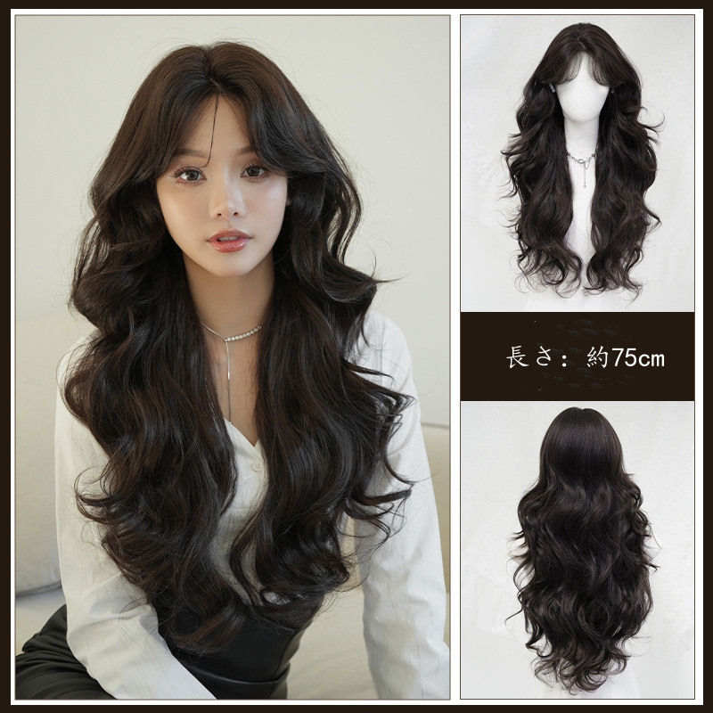 ブラック　フルウィッグ　長さ75cm　wig　小顔　ふわふわ　真ん中分け　ロング　カール　人工頭皮　自然　ヘアネット付き　レディース　かつら　通気性が抜群　普段使い　女装体験用カツラ　お勧め-6