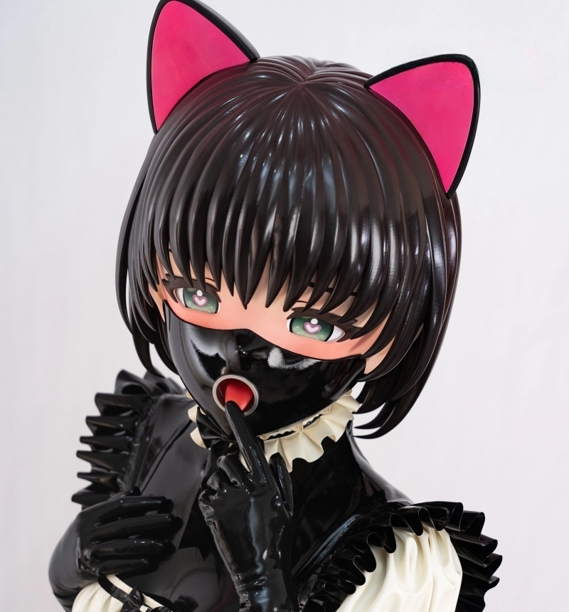 新品　硬質半面マスクと着ぐるみ面の二重マスク　可愛いアニメ美少女の悠ちゃん　舌出しきぐるみマスク　猫耳＆黒いマスク取り外し可能　男女兼用＆高品質全頭マスク　-1