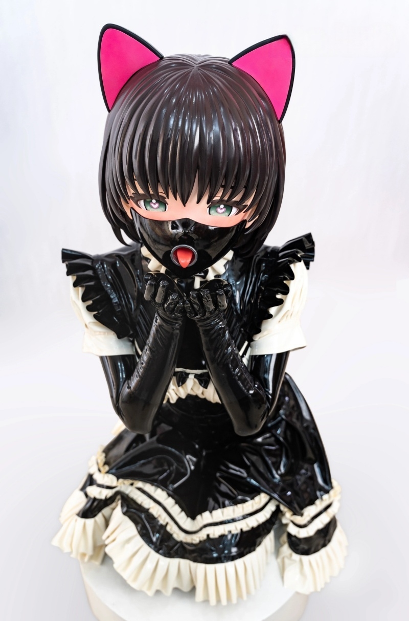 新品　硬質半面マスクと着ぐるみ面の二重マスク　可愛いアニメ美少女の悠ちゃん　舌出しきぐるみマスク　猫耳＆黒いマスク取り外し可能　男女兼用＆高品質全頭マスク　-2