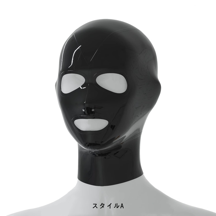 ブラック フルヘッドマスク　目&口だし　ラテックス素材　厚さ0.4mm　後頭部ファスナー付き／無し　ポニーテール穴付き／無し　サイズオーダーメイド＆カラー変更可能　男女兼用-1