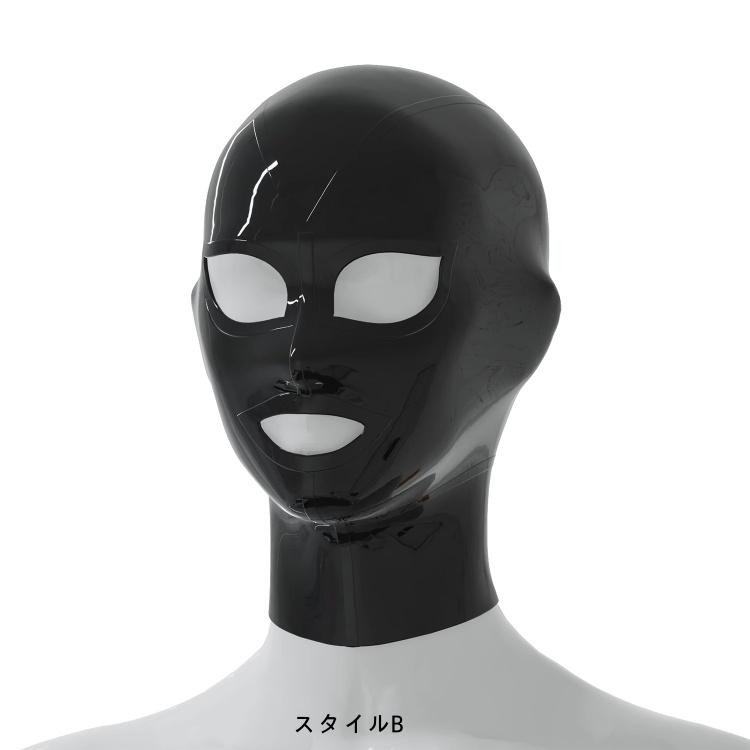 ブラック フルヘッドマスク　目&口だし　ラテックス素材　厚さ0.4mm　後頭部ファスナー付き／無し　ポニーテール穴付き／無し　サイズオーダーメイド＆カラー変更可能　男女兼用-2