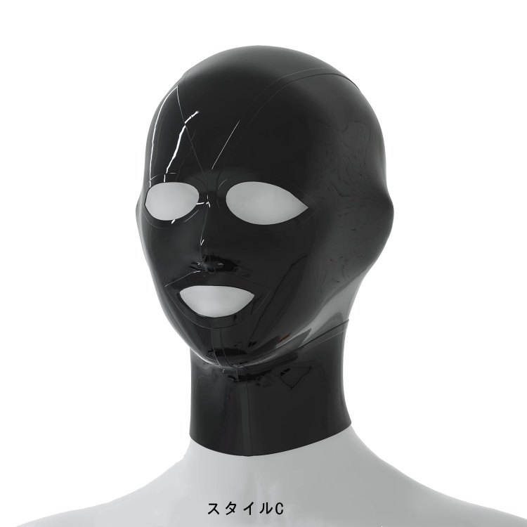 ブラック フルヘッドマスク　目&口だし　ラテックス素材　厚さ0.4mm　後頭部ファスナー付き／無し　ポニーテール穴付き／無し　サイズオーダーメイド＆カラー変更可能　男女兼用-3