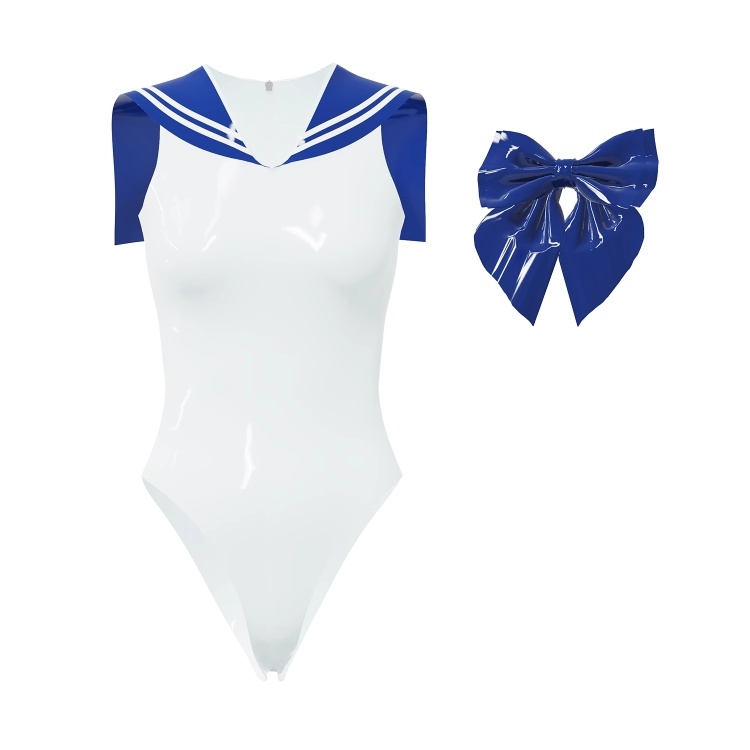 セーラー服　水着　袖無し　ラテックス素材　厚さ0.4mm　蝶結び付き　背中ファスナー付き／ファスナー無し　サイズオーダーメイド　カラー変更可能　男女兼用-2