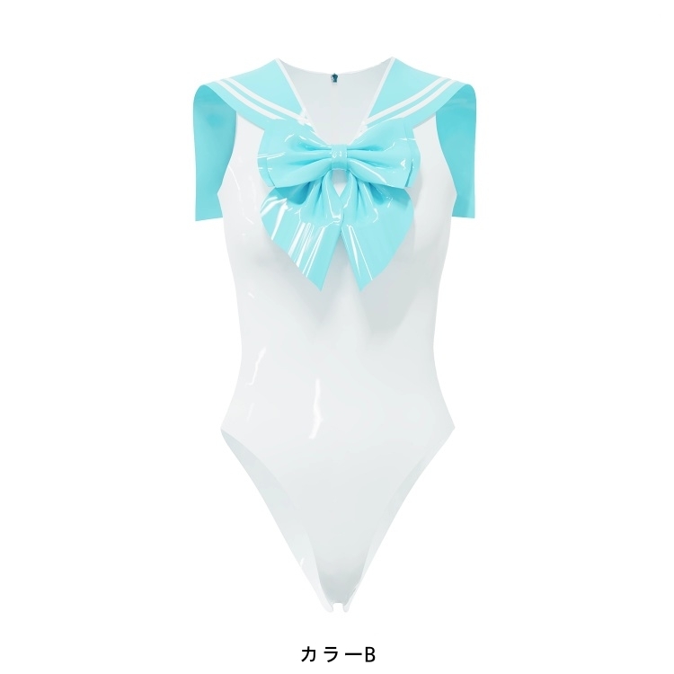 セーラー服　水着　袖無し　ラテックス素材　厚さ0.4mm　蝶結び付き　背中ファスナー付き／ファスナー無し　サイズオーダーメイド　カラー変更可能　男女兼用-6