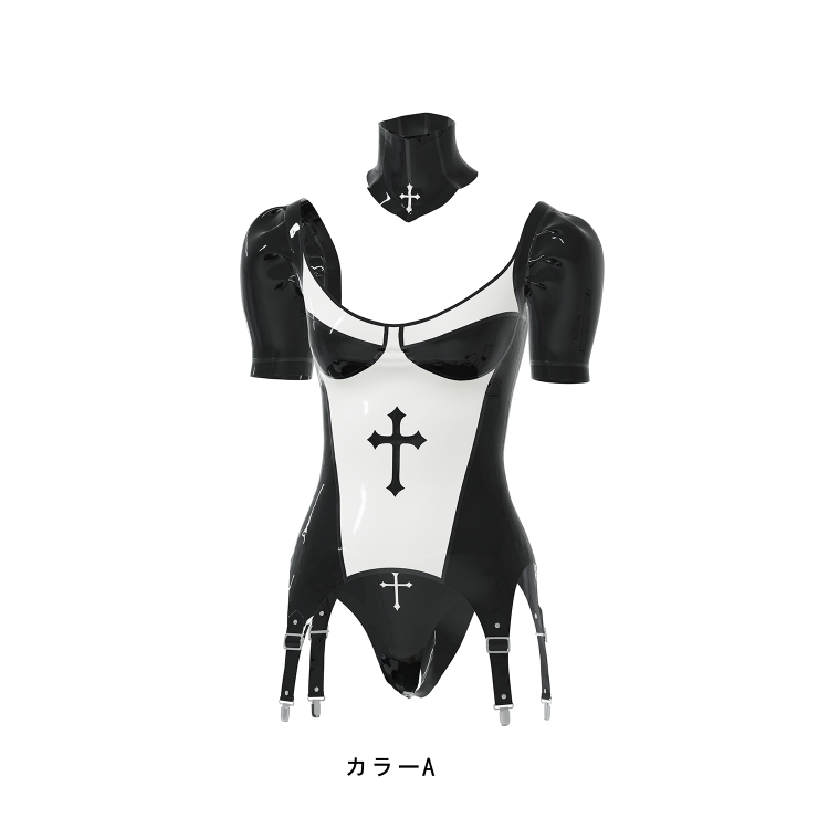 修道女ラバー衣装　ラテックス素材　ブラック&ホワイト　厚さ0.4mm　サイズオーダーメイド＆カラー変更可能　ハロウィン変装-5