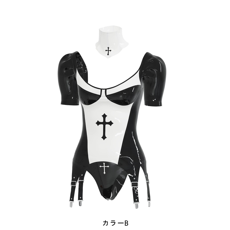 修道女ラバー衣装　ラテックス素材　ブラック&ホワイト　厚さ0.4mm　サイズオーダーメイド＆カラー変更可能　ハロウィン変装-6