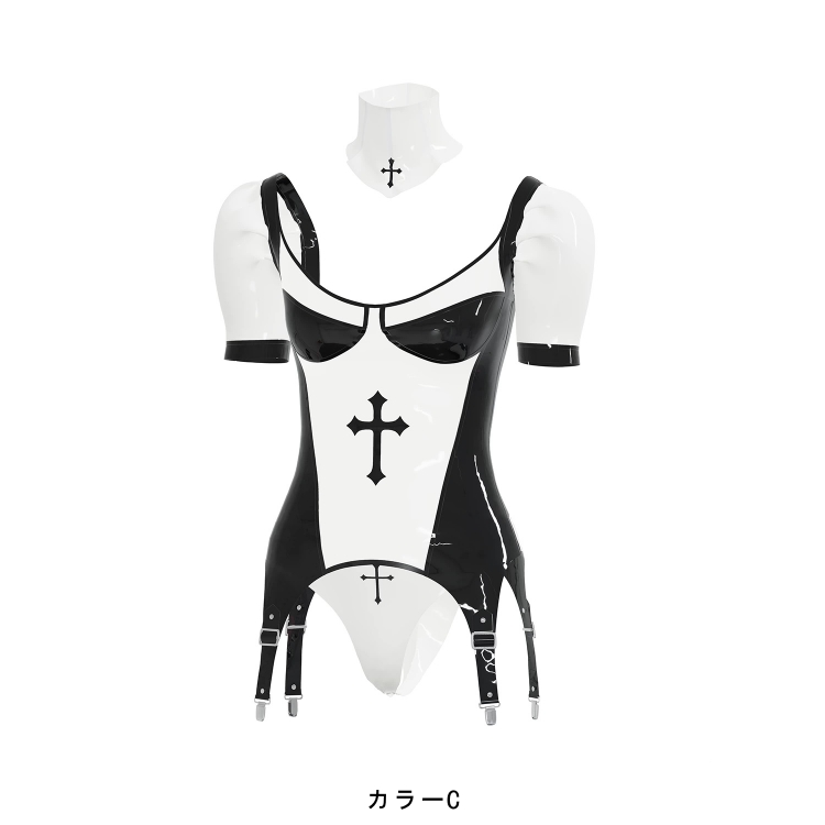 修道女ラバー衣装　ラテックス素材　ブラック&ホワイト　厚さ0.4mm　サイズオーダーメイド＆カラー変更可能　ハロウィン変装-7