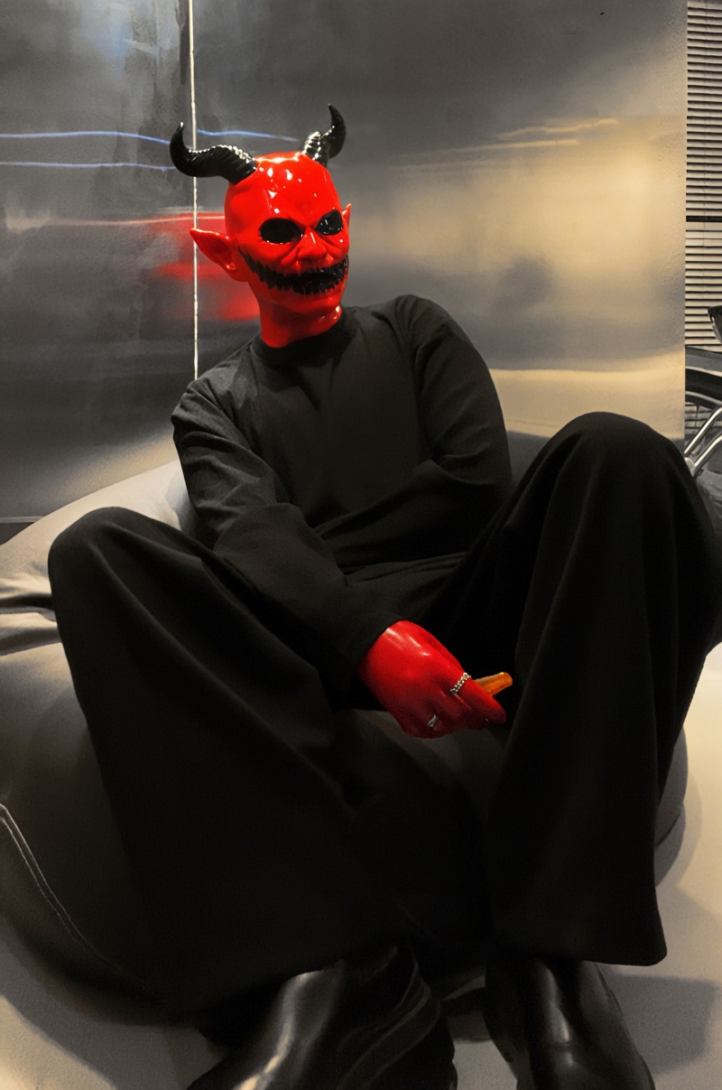悪魔　全頭マスク　レッド／ブラック　シリコン素材製　ハロウィン用品　コスプレ変装-2