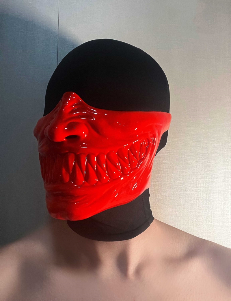 羅刹　悪魔マスク　レッド／ブラック　シリコン素材製　ハロウィン用品　コスプレ変装-2