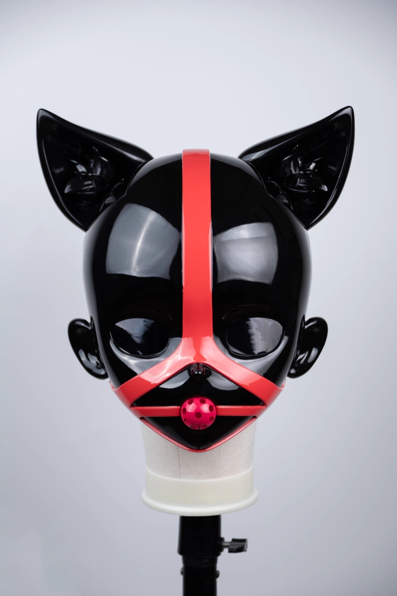 ネコ顔　着ぐるみマスク　口枷付き　猫娘　全頭マスク　猫耳が取り外し可能　ラテックススーツとの組み合わせをお勧め　男女兼用-1