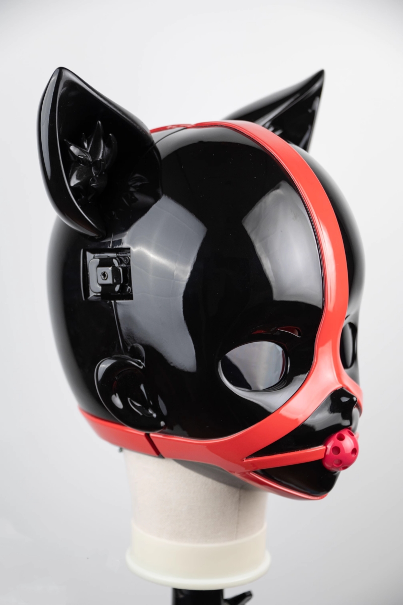 ネコ顔　着ぐるみマスク　口枷付き　猫娘　全頭マスク　猫耳が取り外し可能　ラテックススーツとの組み合わせをお勧め　男女兼用-2
