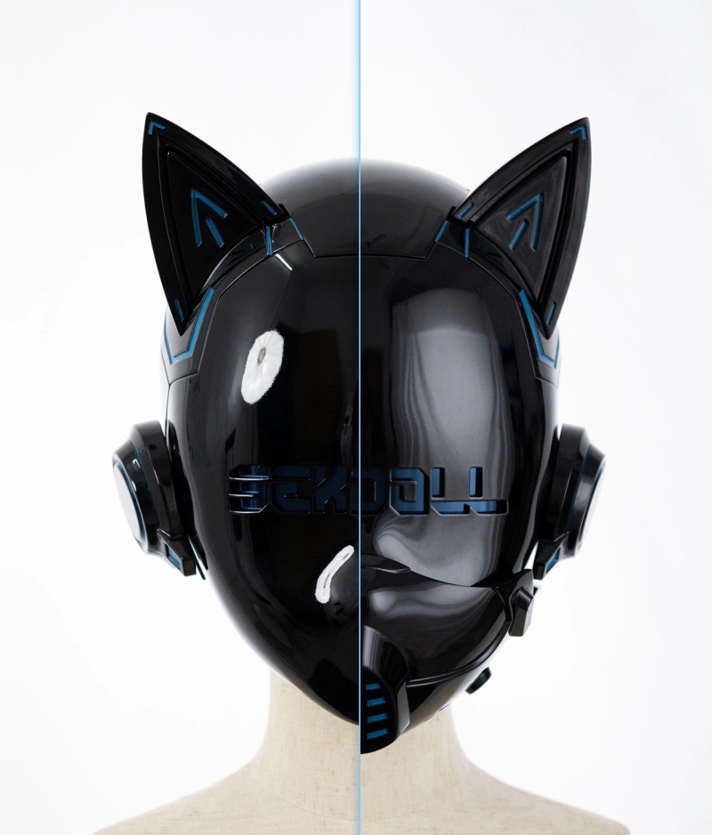 ブラック　着ぐるみマスク　猫耳＆イヤホン付き　全頭マスク　目の位置での文字はオーダーメイド可能　頭回り適応範囲56~59cm　男女兼用　コスプレ-5