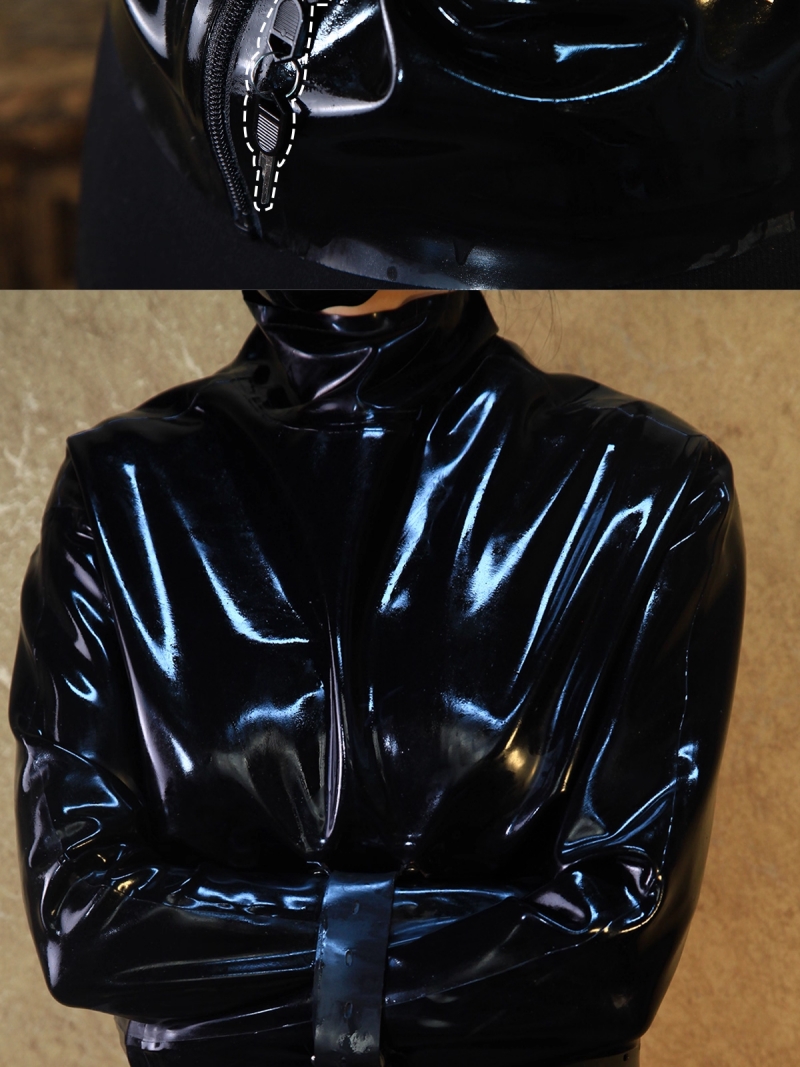 両手拘束　ラテックス製拘束衣　ロック付き拘束ベルト　ブラック　天然ラテックス素材　厚さ0.4mm　背中ファスナー　着脱便利　SMプレイ-7