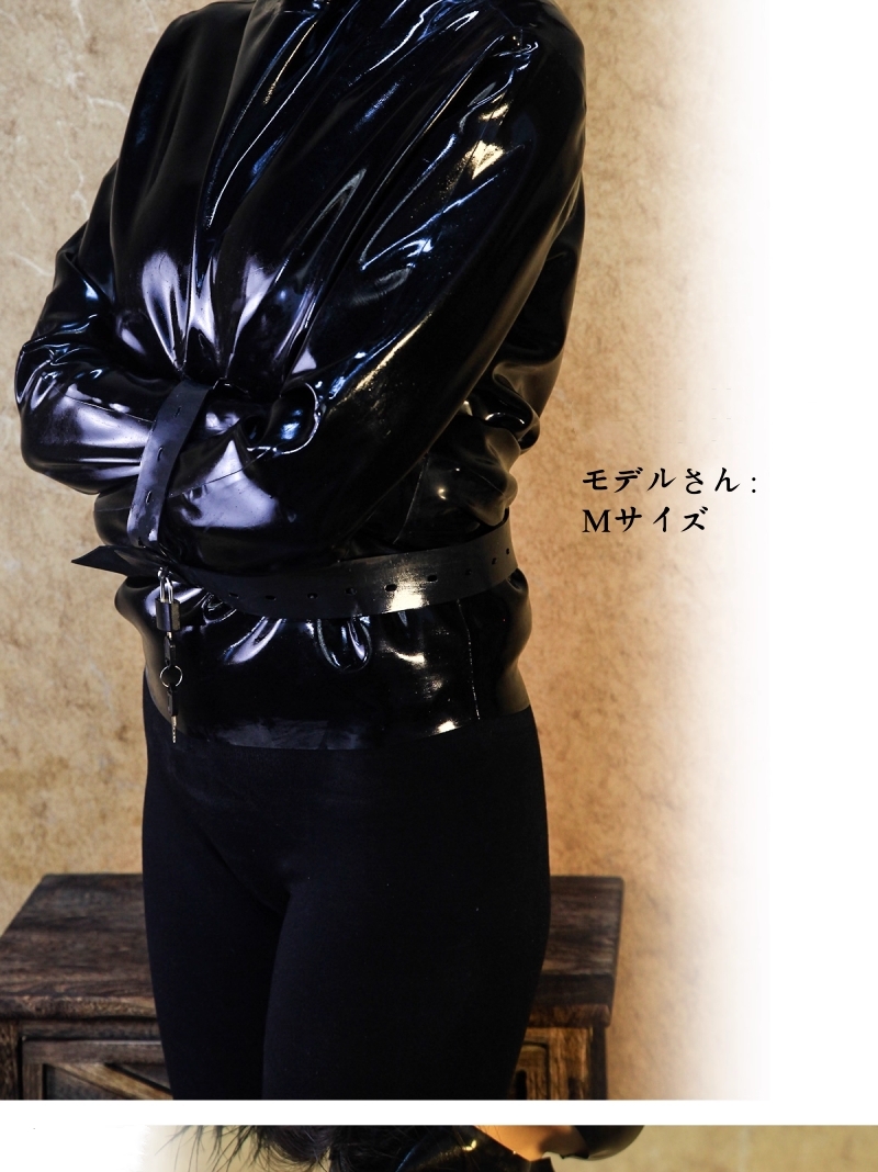 両手拘束　ラテックス製拘束衣　ロック付き拘束ベルト　ブラック　天然ラテックス素材　厚さ0.4mm　背中ファスナー　着脱便利　SMプレイ-3