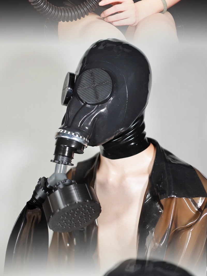 ガスマスク＆呼吸用パイプセット　3L窒息袋／水漏れ防止アダプター付き1L負圧ボトル選択可能　ラテックス製　頭回り53~59cm　窒息ゲーム　SMプレイ用-10