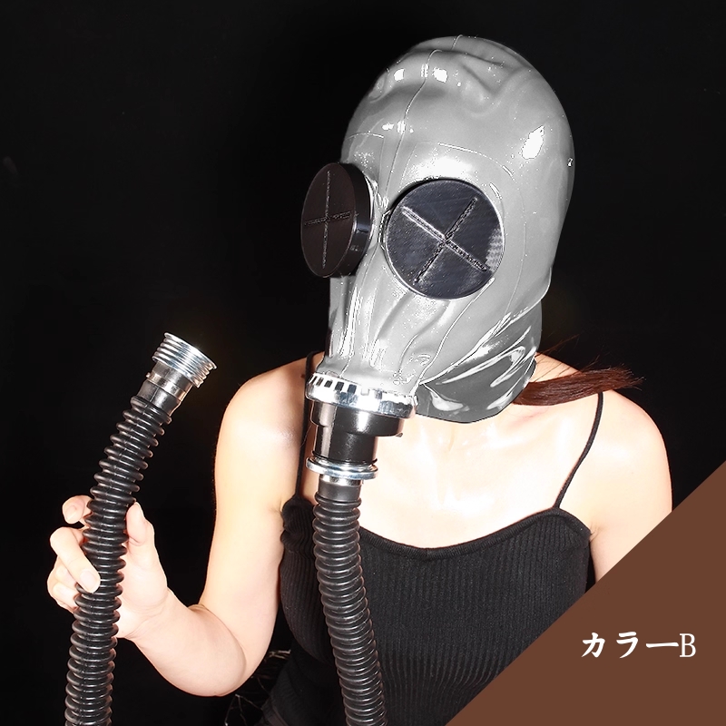 ガスマスク＆呼吸用パイプセット　3L窒息袋／水漏れ防止アダプター付き1L負圧ボトル選択可能　ラテックス製　頭回り53~59cm　窒息ゲーム　SMプレイ用-3