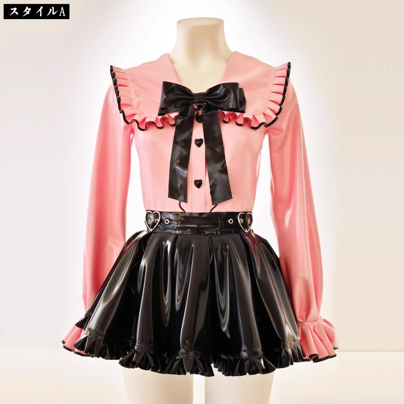 【大人気】超可愛いシャツ&スカートセット このセットアップは、キュートな初々しさが感じられ、まるで新たに芽生えたばかりの可愛さです!蝶結び付き 高品質ラテックス製 ブラック&ピンク 厚さ0.4mm サイズオーダーメイド カラー変更可能-7 【大人気】超可愛いシャツ&スカートセット このセットアップは、キュートな初々しさが感じられ、まるで新たに芽生えたばかりの可愛さです!蝶結び付き 高品質ラテックス製 ブラック&ピンク 厚さ0.4mm サイズオーダーメイド カラー変更可能-7