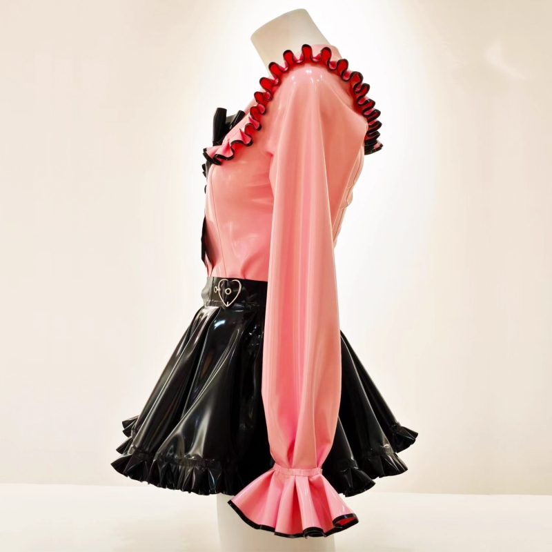 【大人気】超可愛いシャツ&スカートセット このセットアップは、キュートな初々しさが感じられ、まるで新たに芽生えたばかりの可愛さです!蝶結び付き 高品質ラテックス製 ブラック&ピンク 厚さ0.4mm サイズオーダーメイド カラー変更可能-8 【大人気】超可愛いシャツ&スカートセット このセットアップは、キュートな初々しさが感じられ、まるで新たに芽生えたばかりの可愛さです!蝶結び付き 高品質ラテックス製 ブラック&ピンク 厚さ0.4mm サイズオーダーメイド カラー変更可能-8