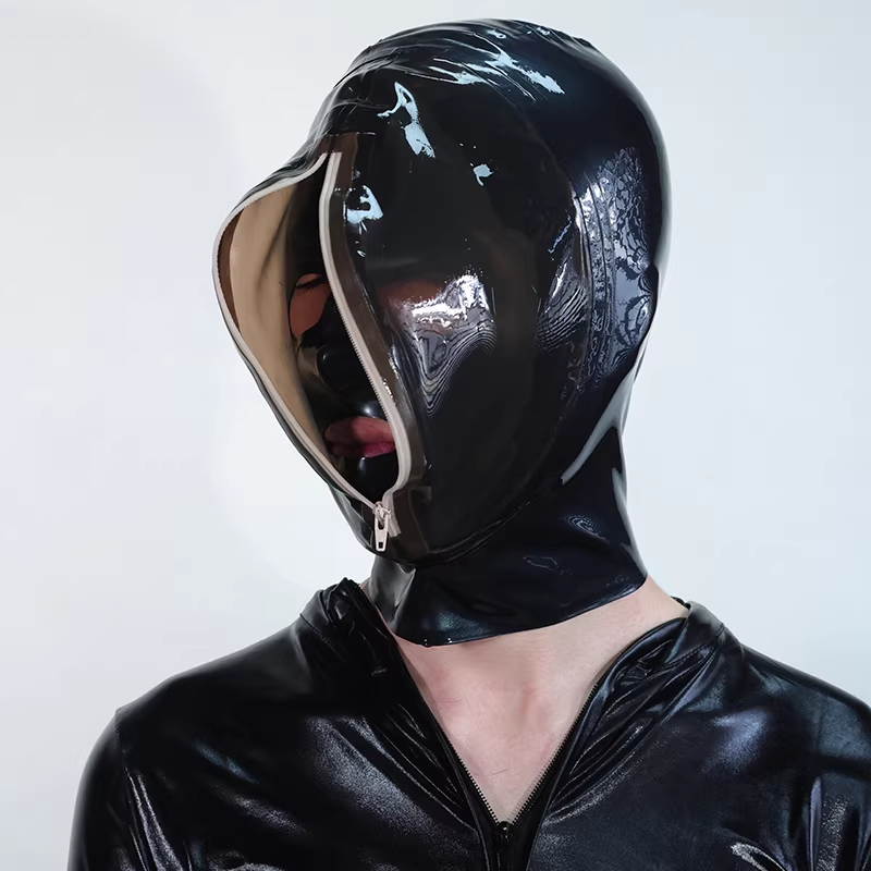 ラテックスマスク　二重設計　内外層厚さ0.4MM　前後にファスナー付き　男女兼用-9