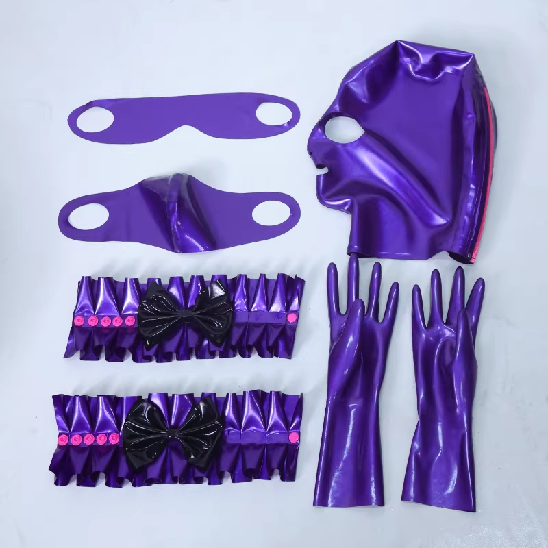 紫色　マスク＆手袋＆手首飾り＆目マスク＆口マスク5点セット　ラテックス素材　厚さ0.4mm-1