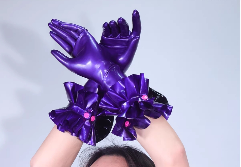 紫色　マスク＆手袋＆手首飾り＆目マスク＆口マスク5点セット　ラテックス素材　厚さ0.4mm-3