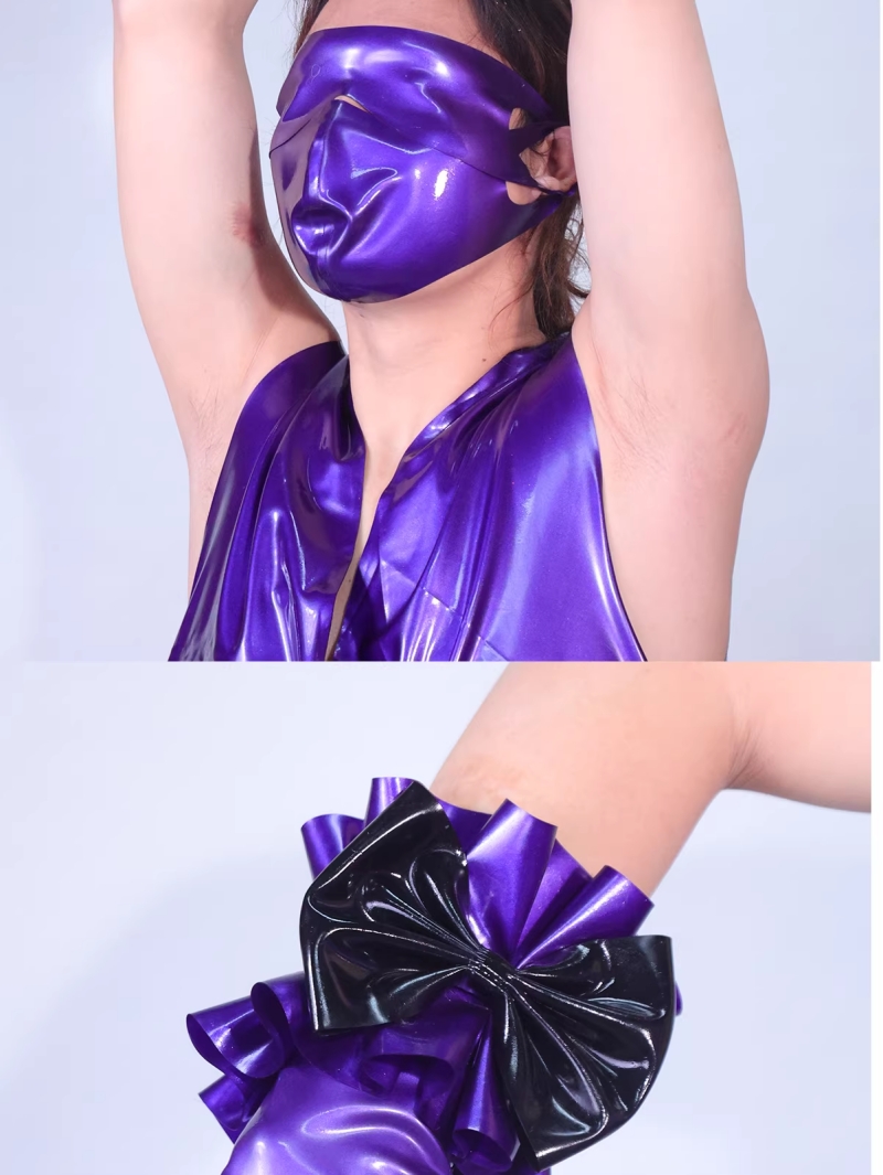 紫色　マスク＆手袋＆手首飾り＆目マスク＆口マスク5点セット　ラテックス素材　厚さ0.4mm-4