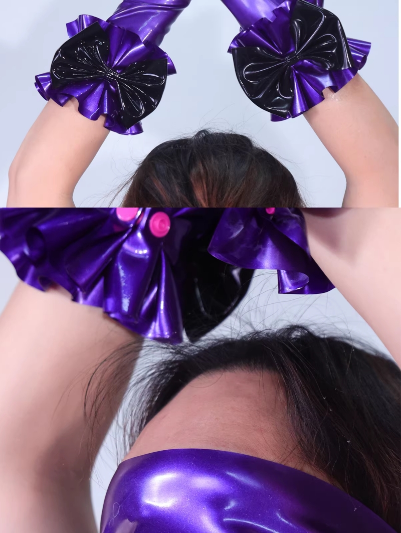 紫色　マスク＆手袋＆手首飾り＆目マスク＆口マスク5点セット　ラテックス素材　厚さ0.4mm-6