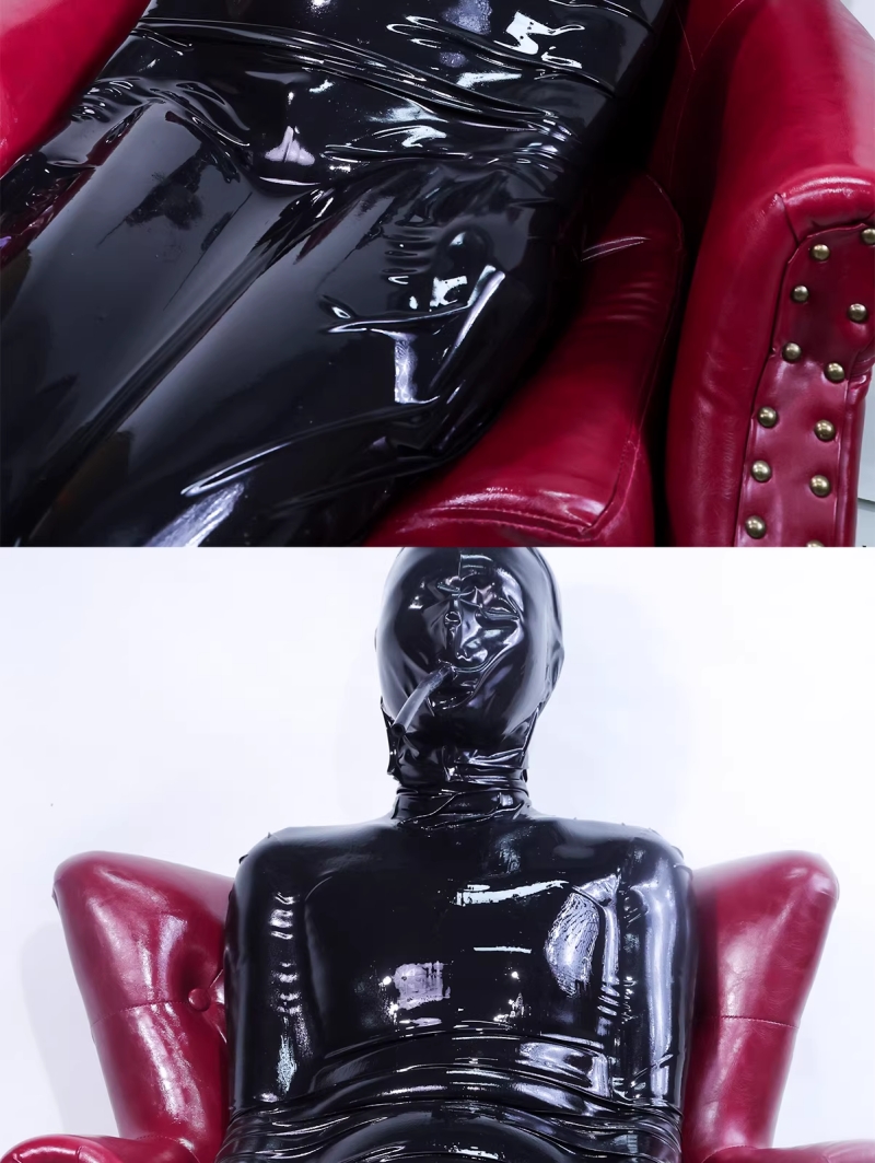 ラテックス　バキューム寝袋　ブラック　厚さ0.4mm　全身拘束　背中ファスナー付き　口に呼吸用の穴がある　リモコン付き電動エアーポンプ選択可能-6