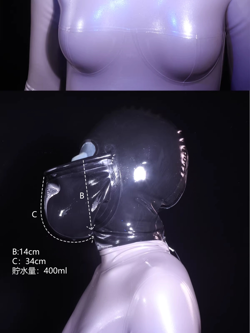 ラテックス素材製　全頭マスク　ブラック　呼吸可能　口部分が開口　Sacred water　貯水可能　コスプレ道具-7