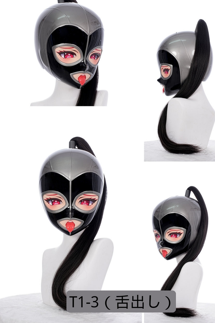 磁吸式キグルミマスク 「HD-千面」　T1-1にっこり /T1-2笑顔/ T1-3舌出し　三種類の表情がご選択可能　目と口のパーツがそれぞれ独立して取り外し可能　ポニーテールウィッグ付き　硬質全頭マスク-8