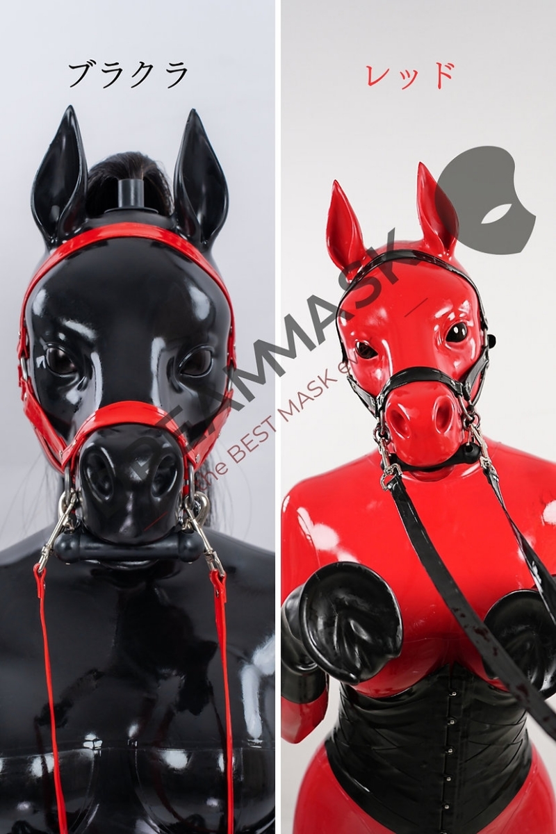 MF02ポニーコ　馬型フルヘッドマスク　ブラック/レッド　シリコン製　動物コスプレ-3