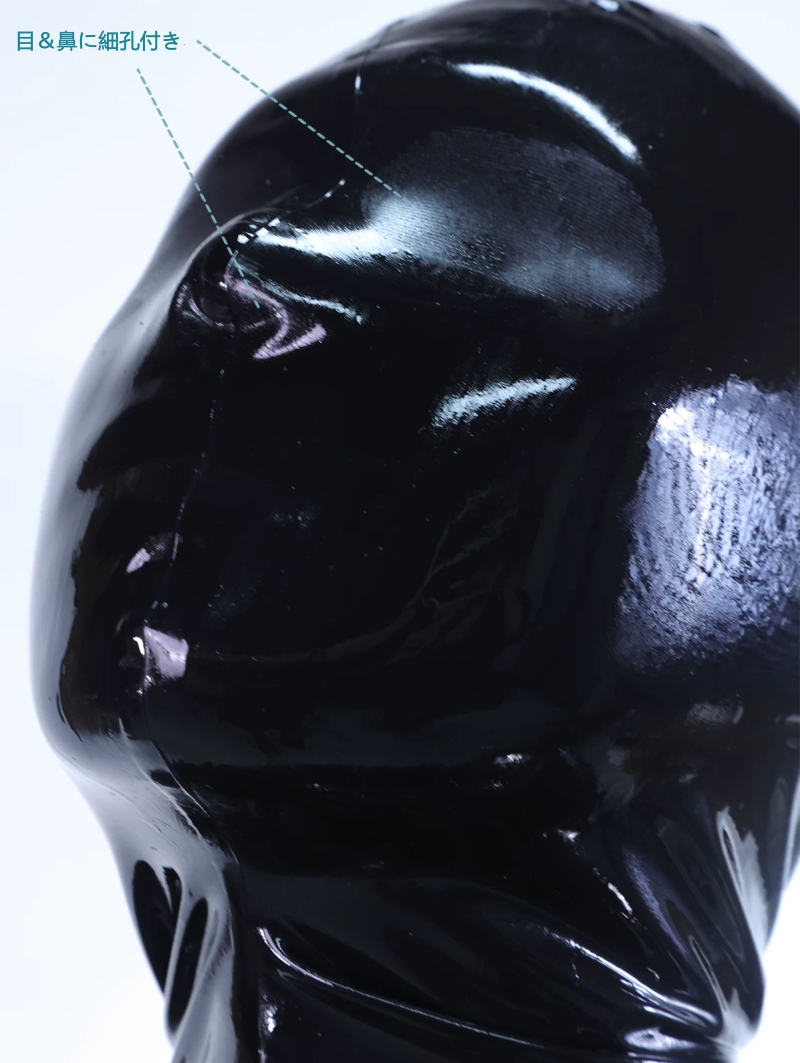 ブラック　ラテックス製　全頭マスク　目＆鼻に細孔付き　厚さ0.25mm　後頭部ファスナー無し-2