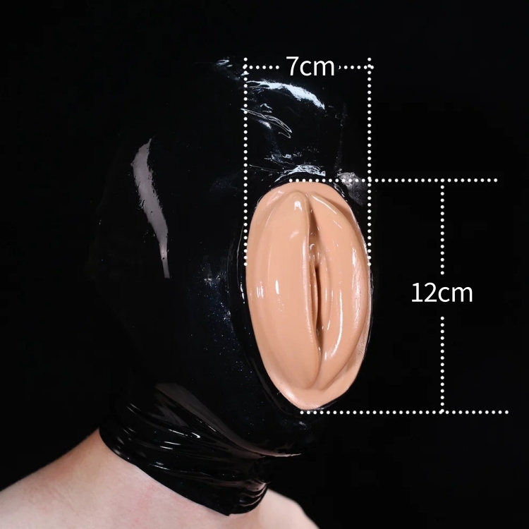 ラテックス全頭マスク　口に女性器付き　ブラック　厚さ0.25mm　後頭部ファスナー無し　男女兼用-3