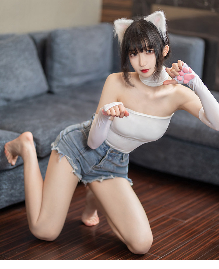 可愛いネコ爪　手袋　ブラック/ホワイト　3D肉球付き　長さ40cm-3