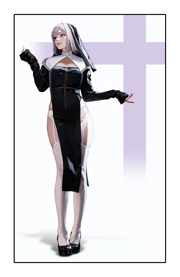ホワイト＆ブラック　オリジナルスリットシスター　修道女　セクシーコスプレ衣装-7