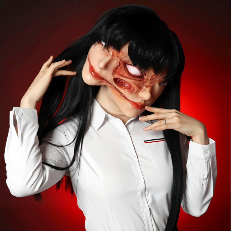 富江　分裂顔　光沢シリコン素材製　ブラック/肌色　ハロウィン　コスプレ　面白いフィメールマスク-1