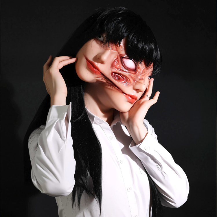富江　分裂顔　光沢シリコン素材製　ブラック/肌色　ハロウィン　コスプレ　面白いフィメールマスク-2