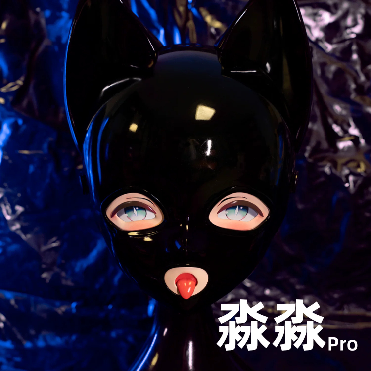 「淼淼Pro」可愛いネコちゃん　黒いKigurumi全頭マスク　二つの口のパーツが取り外し可能　ラテックススーツ/全身タイツとの組み合わせをお勧め　男女兼用-1